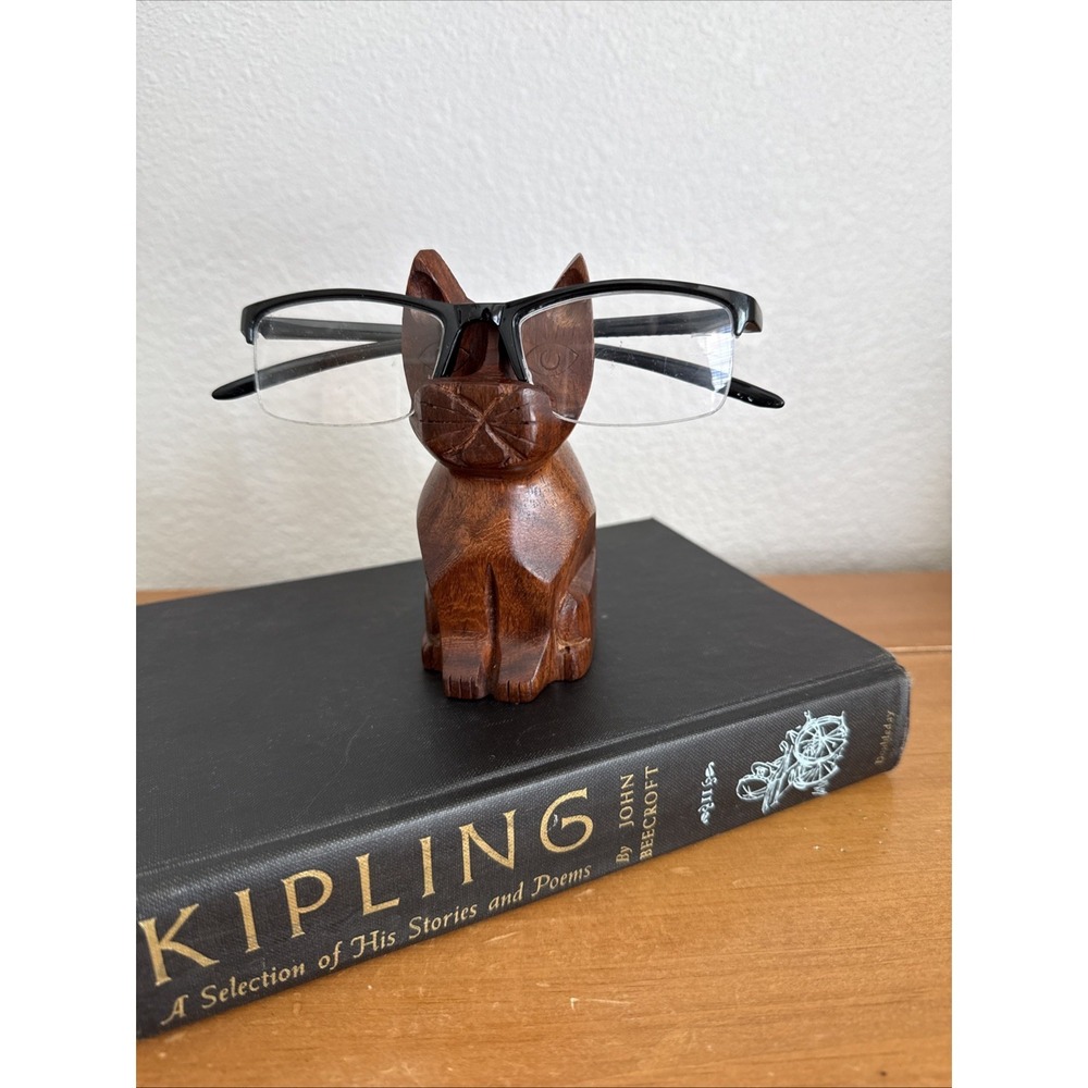 Wooden Cat Figurine Glasses Holder-Matr Boomie made in India 4.5"H 3"W